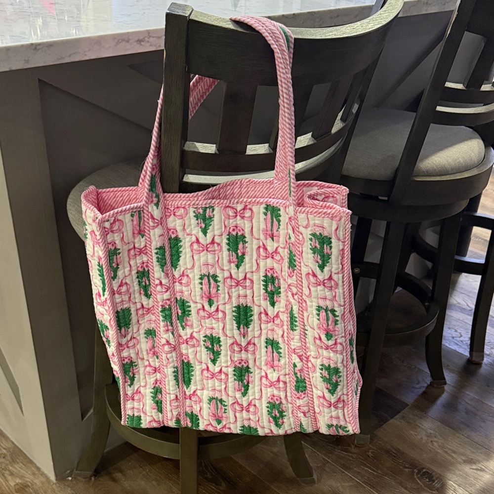 Festive Holiday Pink and Green Tote Bag, Vintage Cottagecore